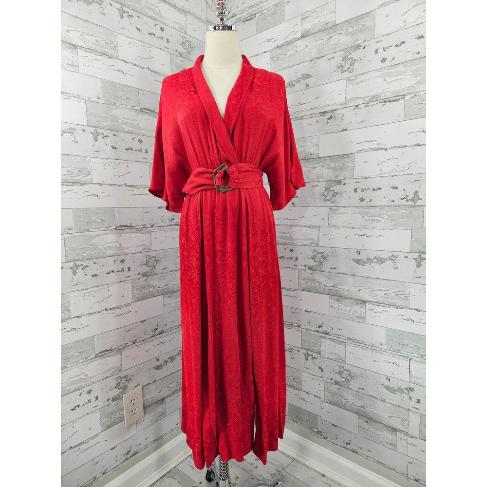 Zara Red Floral Jacquard Maxi Dress Kimono Sleeve Belted Wrap Front Small